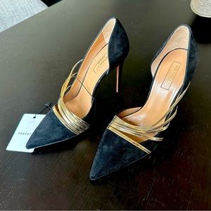 NEW AQUAZZURA MINOU D’ORSAY SUEDE PUMPS 37 BLACK/GOLD